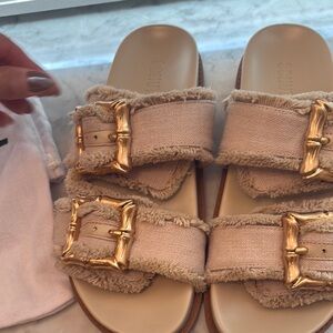 Schutz Beige Sandals with Gold Buckles